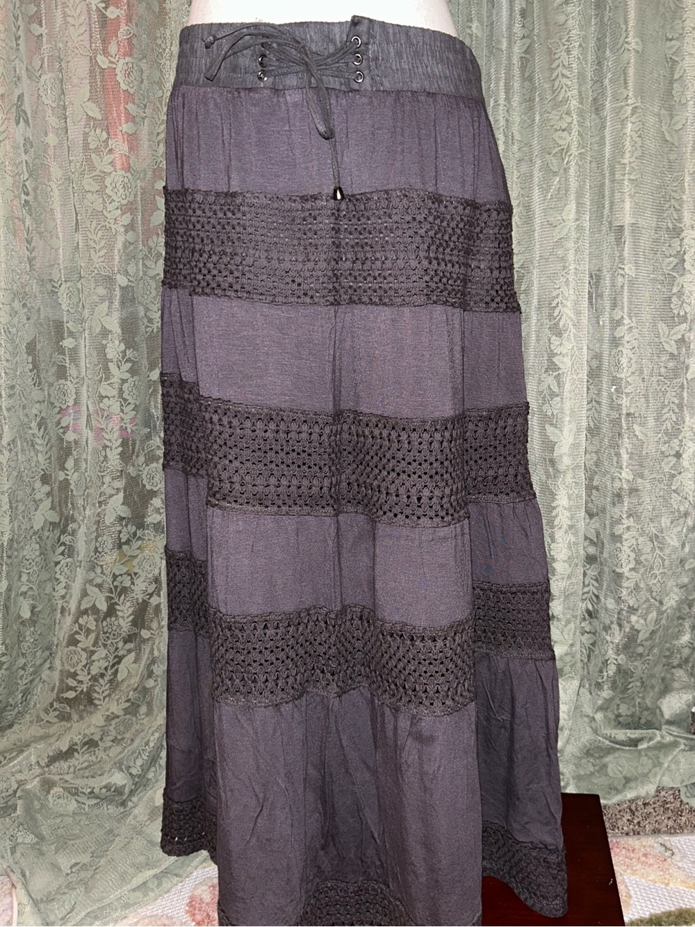 Women's Boho Tiered Crochet Maxi Skirt with Lace Up Front- Charcoal Gray
